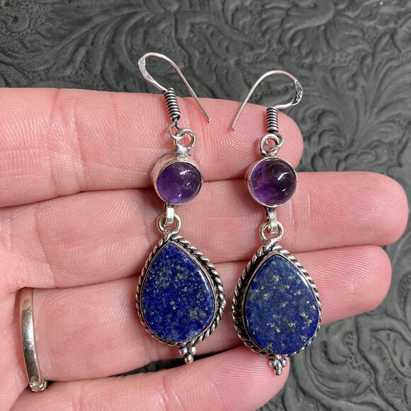 Amethyst and Lapis Lazuli Earrings Stone Crystal Jewelry - Picture 9 of 9